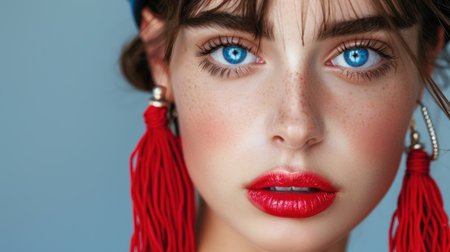A stunning portrait of a young woman featuring bright blue eyes and bold red lips, adorned with colorful earrings, exuding confidence and beauty.の素材
