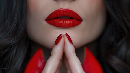 This striking close-up portrait captures a woman's bold red lips and perfectly manicured nails, showcasing a blend of elegance and beauty in a modern aesthetic.の素材