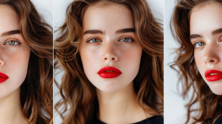 This captivating close-up portrait features a young woman with natural beauty, wavy hair, and bold red lips, enhancing her expressive elegance and charm.の素材