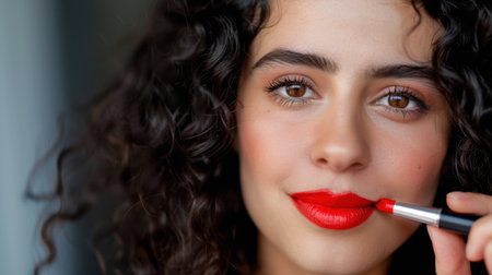 A close-up portrait of a woman applying vibrant red lipstick. Her natural beauty shines through with curly hair, showcasing a confident and expressive look.の素材