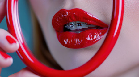 This captivating image showcases a close-up of glossy red lips adorned with braces, beautifully framed by a circular ring, highlighting vibrant beauty and contemporary fashion.の素材