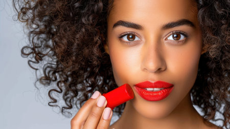 A young woman with beautiful curly hair applies bright red lipstick to her lips, showcasing a confident expression and vibrant beauty in a close-up portrait.の素材