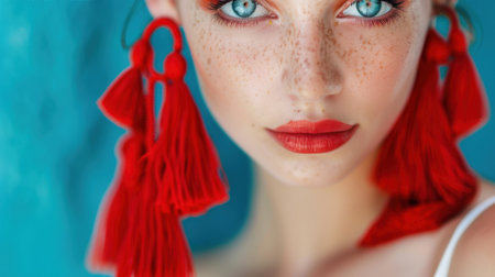 This captivating close-up portrait showcases a young model with striking blue eyes and red earrings, set against a vibrant turquoise background. The natural freckles and bold makeup highlight her unique beauty and youthful charm.の素材
