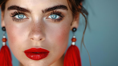 This striking close-up portrait captures a young woman's beauty with mesmerizing blue eyes, bold red lips, and stylish earrings, embodying confidence and style.の素材