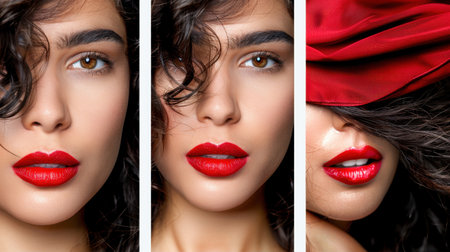 A captivating triptych portrait of a young woman showcasing her striking red lips and curly hair. The image highlights beauty and elegance in a dramatic style.の素材