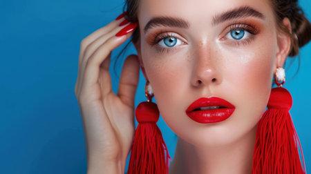 This captivating image features a close-up of a beautiful model with striking blue eyes and bold red lips, adorned with dramatic red earrings. The vibrant blue background adds a refreshing and modern touch, making this photo ideal for fashion and beauty themes.の素材