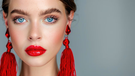 This striking portrait features a beauty model showcasing vibrant red lipstick and bold earrings, highlighting flawless skin and captivating blue eyes.の素材