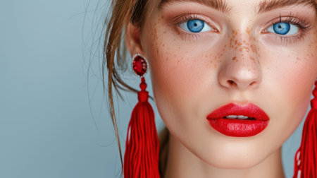 This captivating portrait showcases a young woman with stunning blue eyes and vibrant red lips. Her statement red earrings add flair against a soft blue background, embodying modern beauty and style.の素材