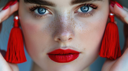 A captivating close-up portrait of a young woman showcasing her striking blue eyes, radiant red lips, and bold statement earrings, emphasizing natural beauty.の素材