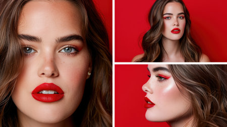 Captivating close-up portraits of a woman showcasing bold red lips and striking eye makeup against a vibrant red backdrop, emphasizing beauty and confidence.の素材