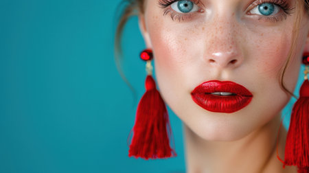 This close-up portrait showcases a woman with striking blue eyes and bold red lipstick. Her vibrant earrings complement her exquisite makeup against a bright blue backdrop.の素材