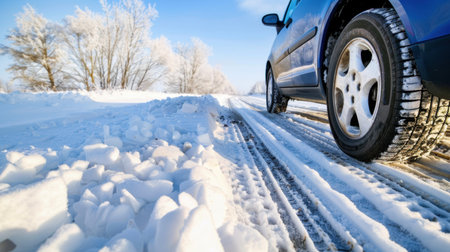 A serene winter scene featuring a car parked on a snow-covered road, surrounded by frosty trees and fresh snow under a clear blue sky.の素材