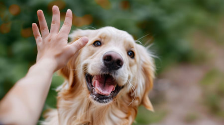 A joyful golden retriever happily interacts with a child reaching out for affection in an outdoor setting, capturing a heartwarming moment of connection.の素材
