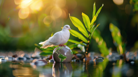 A serene white dove sits gracefully on a globe, surrounded by vibrant greenery and sparkling water, capturing the essence of peace and harmony in nature.の素材