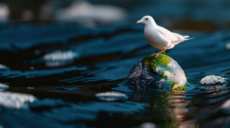 A beautiful white dove stands gracefully atop a small globe in calm water, symbolizing peace and harmony within nature. The scene embodies serenity and reflection.の素材