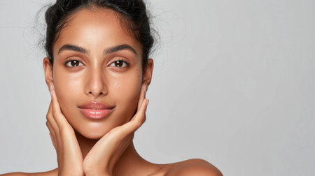 This portrait features a young woman showcasing vibrant skin and natural beauty. Her gentle expression and light touch emphasize self-care and confidence.の素材