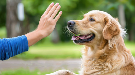 A person uses a hand signal to train a golden retriever in a lush park. The scene captures the joyful interaction between human and dog, highlighting their bond.の素材