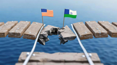 This image captures a symbolic scene featuring the USA and India flags on either side of a damaged bridge, representing the overcoming of divisions through cooperation and shared goals.の素材