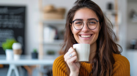 A cheerful young woman with glasses smiles warmly while holding a cup of coffee in a cozy modern kitchen, radiating joy and comfort in her space.の素材