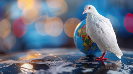 A serene white dove elegantly perches on a globe, symbolizing peace and connection. The bokeh background adds vibrant colors, enhancing a tranquil atmosphere.の素材