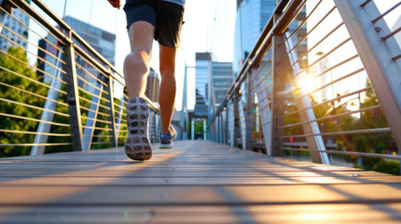 A dynamic shot of an athlete running on an urban bridge, showcasing the lively contrast between the vibrant cityscape and the calming sunset. Perfect for fitness and outdoor themes.の素材