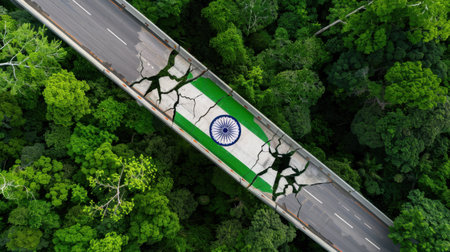 An aerial view captures a cracked road adorned with the Indian flag within a lush green forest. This striking image symbolizes cultural identity and environmental beauty.の素材