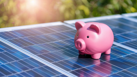 A vibrant pink piggy bank sits atop solar panels, representing the intersection of sustainable energy and financial growth. This image encapsulates eco-friendly investments.の素材