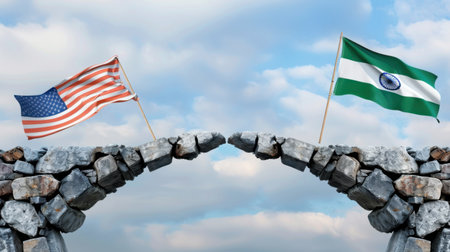 A stunning visual representation of friendship and cooperation between the United States and India, featuring their flags elegantly positioned on a stone bridge against a serene blue sky.の素材