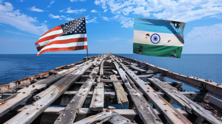 A beautiful view of a weathered wooden pier extending into calm waters, featuring flags of the United States and India, symbolizing friendship and unity.の素材