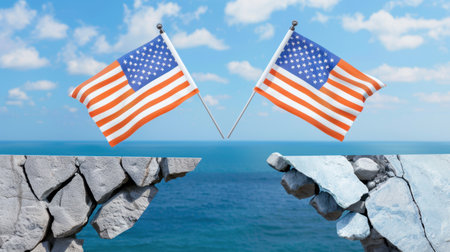 Two American flags stand proudly on cracked rocks, symbolizing unity and patriotism against a serene ocean backdrop with bright blue sky.の素材