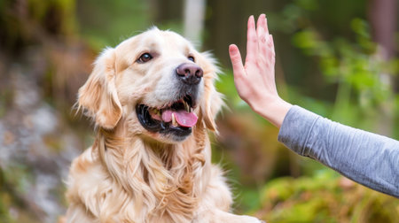 A golden retriever happily engages with a person in a serene forest, highlighting the bond of companionship and the joy of training in a natural setting.の素材