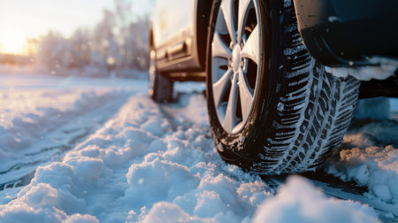 A detailed close-up of a car tire resting on a snowy road at sunset, showcasing the intricate tread pattern and the natural winter landscape.の素材