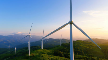A breathtaking view of wind turbines standing tall on green hills at sunrise, showcasing a serene landscape with distant mountains and clear skies, symbolizing renewable energy.の素材