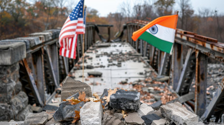 An abandoned bridge showcases the American and Indian flags gently fluttering in the breeze, framed by autumn leaves and weathered stones, capturing history and culture.の素材