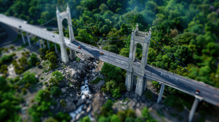 This stunning aerial image captures a magnificent bridge spanning a serene river, enveloped by vibrant green foliage, creating a peaceful natural setting.の素材