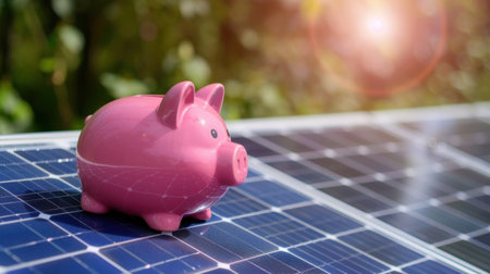 A vibrant pink piggy bank resting on solar panels, representing the investment in renewable energy and the financial advantages of sustainable practices.の素材