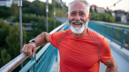 A cheerful senior man in orange sportswear enjoys his outdoor exercise on a bridge. His bright smile reflects vitality and a healthy lifestyle, capturing the essence of joy in fitness amidst nature.の素材