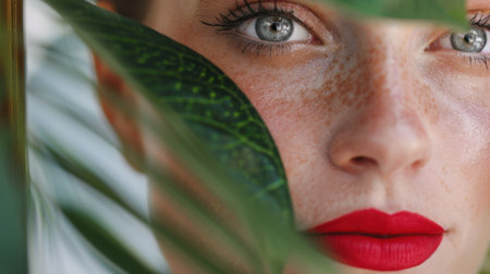 This close-up portrait captures a young woman's striking features, highlighting her freckles and bold red lips against lush palm leaves. The serene expression evokes beauty and nature.の素材
