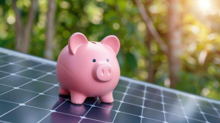 A vibrant pink piggy bank sits on a solar panel, symbolizing the future of finance through energy savings and sustainable investments, promoting a greener world.の素材