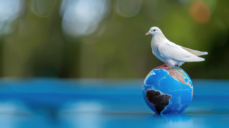 A serene white dove stands gracefully atop a miniature globe, symbolizing peace and unity. The vibrant blue background enhances the tranquil atmosphere, inviting reflection on harmony and nature.の素材