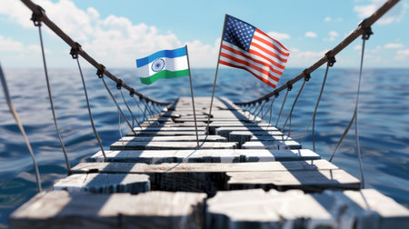Two flags of India and the United States stand proudly on a wooden dock overlooking serene ocean waters, symbolizing cultural exchange and partnership.の素材