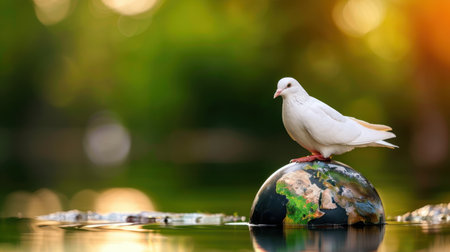 A serene white dove perched atop a globe, symbolizing peace and harmony with nature. This tranquil scene evokes feelings of calm and environmental awareness.の素材