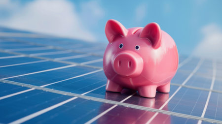 A vibrant pink piggy bank sits prominently on a solar panel, symbolizing the intersection of finance and renewable energy, under a bright blue sky.の素材