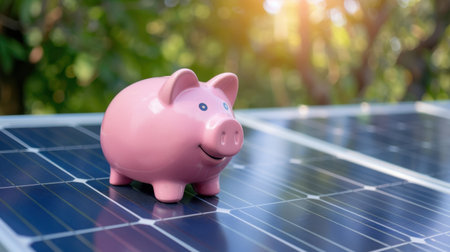 A charming pink piggy bank positioned on solar panels, symbolizing sustainable investment strategies in renewable energy. The sunlight reflects off the panels, highlighting a blend of finance and eco-consciousness for a brighter future.の素材