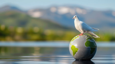 A stunning image of a white dove perched on a globe, symbolizing peace and harmony, surrounded by a serene natural landscape and blue sky.の素材