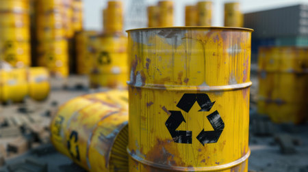 A vivid image of yellow recyclable drums stacked in an industrial setting, showcasing the importance of waste management and environmental responsibility.の素材