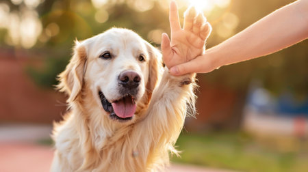 A golden retriever happily gives a high five, showcasing joy and friendship with its human companion in a sunny outdoor environment.の素材