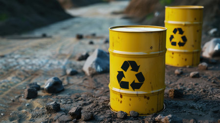 Two yellow recycling barrels sit on a dirt path, surrounded by rocks, emphasizing the importance of waste management and sustainable practices in nature.の素材