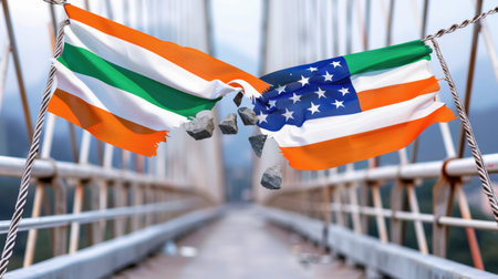 The image features torn flags of the United States and Ireland hanging from an unfinished bridge, representing both unity and division in a culturally rich landscape.の素材