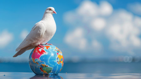 A serene white dove stands gracefully on a vibrant globe, symbolizing peace and unity amidst a bright blue sky filled with soft clouds.の素材